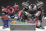  2boys ark_(transformers) autobot blue_eyes decepticon english_commentary highres mecha megatron multiple_boys nemesis_(transformers) no_humans open_hand optimus_prime own_hands_together red_eyes science_fiction sitting theamazingspino transformers 