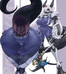  1girl anal android anus ass ass_focus bent_over blue_skin breasts censored colored_skin contrapposto cum cum_bubble cum_in_ass grey_hair grey_skin hair_over_one_eye highres holding holding_weapon horns huge_breasts huge_penis joints kneepits large_insertion legs_together long_hair monster_girl mosaic_censoring multicolored_skin multiple_views narrow_waist navel one_eye_covered orca_(pochincoff) original oversized_forearms oversized_limbs penis pochincoff pussy robot robot_joints scythe sling_bikini_top smile spread_ass standing tail_raised talons trembling two-tone_skin weapon white_hair 
