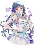  1girl :d bangs blunt_bangs blush breasts center_frills choker cleavage collarbone cropped_legs dress eyebrows_visible_through_hair finger_to_cheek floating_hair floral_background flower frilled_armband frilled_choker frilled_dress frills green_eyes hair_flower hair_ornament hand_on_hip highres idolmaster idolmaster_million_live! kitakami_reika looking_at_viewer medium_breasts simple_background sleeveless sleeveless_dress smile solo twintails white_background wrist_cuffs yellow_eyes yuanagae 