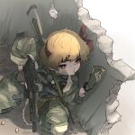  1girl bandaid bandaid_on_cheek bandaid_on_face bangs blonde_hair boots bow bulletproof_vest camouflage camouflage_pants camouflage_shirt combat_boots commentary_request dog_tags frogsnake gun hair_bow headband holding holding_gun holding_weapon military military_uniform pants peeking red_eyes red_headband rifle rifle_on_back rumia shell_casing shirt short_hair soldier solo squatting submachine_gun taking_cover touhou uniform watch wavy_hair weapon wristwatch 