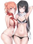  2girls :o arm_behind_head bangs bikini black_hair blue_eyes blush breasts closed_mouth eyebrows_visible_through_hair furrowed_brow hair_bun haoni highres large_breasts long_hair looking_at_viewer multiple_girls navel parted_lips pink_hair red_eyes red_scarf scarf short_hair simple_background small_breasts stomach straight_hair swimsuit topless white_background white_scarf yahari_ore_no_seishun_lovecome_wa_machigatteiru. yuigahama_yui yukinoshita_yukino 