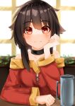  1girl absurdres arm_support bangs bare_shoulders beer_mug black_choker blush brown_hair choker closed_mouth commentary cup dress elbow_on_table hair_between_eyes head_rest highres kono_subarashii_sekai_ni_shukufuku_wo! looking_at_viewer megumin mug off-shoulder_dress off_shoulder plant planter raised_eyebrows red_dress red_eyes senrihinzk short_hair short_hair_with_long_locks sidelocks smile solo table upper_body window 