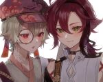  2boys black_choker blonde_hair blush brown_hair choker genshin_impact green_eyes highres japanese_clothes long_hair looking_at_viewer low_ponytail male_focus mole mole_under_eye mole_under_mouth monocle multicolored_hair multiple_boys original purple_headwear red_eyes red_hair shikanoin_heizou sleeveless smile two-tone_hair yoontrsh 