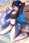  2022 anthro beach blue_eyes blue_hair breasts clothed clothing day detailed_background digital_media_(artwork) eyebrows eyelashes female hair hi_res kneeling looking_at_viewer nitricacid outside sand seaside shoreline smile solo water 