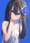  1girl arm_at_side artist_name black_hair blue_background blue_eyes blue_flower breasts cleavage flower hair_between_eyes hair_flower hair_ornament hand_up kawanobe long_hair looking_at_viewer nemophila_(flower) original shirt simple_background small_breasts upper_body white_shirt 