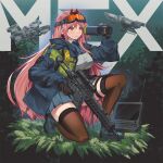  1girl assault_rifle binoculars black_legwear blue_jacket breasts commission drone eyewear_on_head girls&#039;_frontline gun highres holding holding_binoculars holding_gun holding_weapon jacket kneeling large_breasts long_hair long_sleeves magazine_(weapon) mole mole_under_eye open_clothes open_jacket orange_goggles persocon93 pink_hair red_eyes rifle safety_glasses scope sig_mcx_(girls&#039;_frontline) sig_sauer sig_sauer_mcx solo thigh_strap thighhighs weapon 