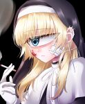  1girl azen_(mntimcczgrtn) bandaid bandaid_on_cheek bandaid_on_face bangs blonde_hair blood blood_on_face blue_eyes blush cigarette constricted_pupils cross cyclops ear_piercing earrings eyebrows_visible_through_hair eyeshadow gloves habit hair_over_shoulder highres holding holding_cigarette jewelry jitome long_hair looking_to_the_side makeup monster_girl multiple_earrings nun one-eyed original piercing smoke smoking solo 