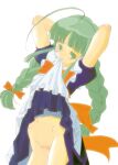  1girl ahoge bangs blue_dress blunt_bangs blush bow braid clothes_lift commentary_request cowboy_shot dress dress_lift eyebrows_visible_through_hair green_eyes green_hair hair_bow huge_ahoge lifted_by_self long_hair looking_at_viewer me-tan mouth_hold navel no_panties orange_bow os-tan puffy_short_sleeves puffy_sleeves pussy seguchi_takahiro short_sleeves simple_background solo tearing_up twin_braids uncensored very_long_hair waist_bow white_background 