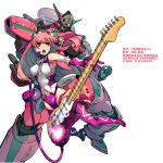  1girl bangs boots breasts copyright_name cover cover_image cover_page covered_nipples elbow_gloves extra_eyes floating_hair gloves glowing glowing_eyes green_eyes guitar high_heel_boots high_heels holding holding_instrument ichimonji_kei instrument long_hair looking_ahead macross macross_delta macross_e manga_cover mecha medium_breasts navel official_art open_hands pink_hair pirika_polywanov purple_footwear purple_gloves science_fiction thigh_boots thighhighs variable_fighter vf-171ex white_background 