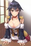  1girl abo_(hechouchou) black_hair breasts cleavage commentary_request common_race_outfit_(umamusume) cosplay cowboy_shot detached_sleeves dirndl eishin_flash_(umamusume) eishin_flash_(umamusume)_(cosplay) german_clothes highres kantai_collection large_breasts long_hair looking_at_viewer ponytail red_eyes shirt sidelocks solo table umamusume white_shirt yahagi_(kancolle) 