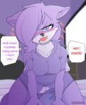  2021 absurd_res aeris_(vg_cats) after_sex annoyed anthro breasts clothed clothing dialogue domestic_cat duo english_text faceless_character faceless_male felid feline felis female female_focus female_on_top first_person_view genitals hair hair_over_eye half-erect hi_res looking_at_viewer male male/female male_on_bottom male_pov mammal on_bottom on_top one_eye_obstructed open_mouth penis profanity purple_hair solo_focus speech_bubble surrealtone talking_to_viewer text unwanted_cumshot unwanted_ejaculation vg_cats webcomic 