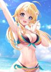  1girl :d ahoge arm_up armpits bangs bikini blonde_hair blue_eyes blue_sky blush breasts cleavage cloud collarbone commentary_request day eyebrows_visible_through_hair flower hachimiya_meguru hair_flower hair_ornament hand_up highres horizon idolmaster idolmaster_shiny_colors long_hair looking_at_viewer low_twintails medium_breasts navel ocean outdoors sky smile solo striped striped_bikini sutoroa sweat swimsuit twintails water white_flower 
