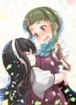  2girls absurdres black_hair blue_bow blue_bowtie blurry bob_cut bow bowtie braid brown_eyes closed_eyes commentary_request confetti depth_of_field fingerless_gloves fyuo gloves green_hair grin highres hug kantai_collection long_hair multicolored_hair multiple_girls naganami_(kancolle) naganami_kai_ni_(kancolle) pink_hair pleated_skirt puffy_sleeves purple_skirt shirt short_hair short_hair_with_long_locks sidelocks skirt smile takanami_(kancolle) takanami_kai_ni_(kancolle) thick_eyebrows upper_body vest white_shirt 