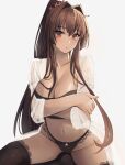  1boy 1girl :o black_legwear black_panties bra breasts brown_hair bulge crossed_arms flower hair_flower hair_intakes hair_ornament hetero highres kantai_collection kasumi_(skchkko) lace-trimmed_bra lace-trimmed_legwear lace_trim large_breasts long_hair looking_at_viewer navel nightgown open_clothes panties parted_lips ponytail red_eyes see-through sidelocks sitting solo_focus straddling thighhighs thighs underwear yamato_(kancolle) 