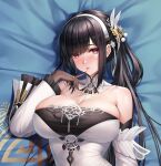  1girl azur_lane bangs bed_sheet black_hair blush breasts chen_hai_(azur_lane) cleavage detached_collar detached_sleeves eyebrows_visible_through_hair flower from_above gloves hair_flower hair_ornament hairband highres huge_breasts long_hair long_sleeves looking_at_viewer lying on_back red_eyes saliva saliva_trail solo tongue tongue_out very_long_hair white_flower white_hairband white_sleeves yuli_you_gua 