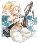  1girl blonde_hair blue_eyes chrono_trigger crossbow dress holding holding_crossbow holding_weapon jewelry marle_(chrono_trigger) medium_hair open_mouth pendant ponytail quiver sachito solo weapon white_dress 