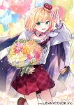  1boy balloon bangs blonde_hair bouquet collarbone crown flower green_eyes holding holding_bouquet male_focus nijisanji off-shoulder_shirt off_shoulder official_art open_hand otoko_no_ko pink_flower purple_flower red_footwear red_skirt shirt shirt_tucked_in short_hair skirt smile solo star_(symbol) suzuya_aki tama_(songe) virtual_youtuber white_flower white_shirt yellow_flower 