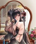  1girl azur_lane bangs black_hair breasts chen_hai_(azur_lane) cosmetics elbow_gloves eyebrows_visible_through_hair flower from_behind gloves hair_flower hair_ornament highres holding holding_lipstick_tube huge_breasts lipstick_tube long_hair looking_at_viewer looking_back mirror parted_lips red_eyes red_flower red_lips red_rose rose shiny shiny_hair shoulder_blades solo upper_body very_long_hair white_flower yuli_you_gua 