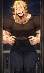  1boy all_might bara biceps blonde_hair boku_no_hero_academia building closed_eyes denim door fence food frown highres holding holding_food iron_fence jeans large_pectorals long_hair looking_at_viewer male_focus manly mature_male muscular muscular_male nasu_b nervous nervous_smile night night_sky open_mouth outdoors pants pectorals pot shirt sky solo t-shirt teeth thick_arms thick_eyebrows thick_thighs thighs tight tongue 