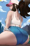  1girl absurdres artist_name ass ass_focus back bare_shoulders baseball_cap blush brown_hair closed_eyes cloud cloudy_sky commentary cropped_shirt denim denim_shorts echo_saber from_behind hat highres hilda_(pokemon) huge_ass lips long_hair median_furrow micro_shorts mountain outdoors patreon_username pokemon pokemon_(game) pokemon_bw ponytail shorts sitting sky smile solo tank_top thighs translated web_address white_tank_top 