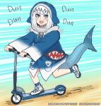  1girl absurdres animal_costume animal_hood bb_(baalbuddy) blue_eyes blue_hair colorized fangs fish_tail gawr_gura ground_vehicle highres himerosy hololive hololive_english hood motor_vehicle multicolored_hair open_mouth scooter self_upload shark_girl shark_hood shark_tail smile streaked_hair tail virtual_youtuber white_hair 