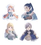  2boys 2girls :d annette_fantine_dominic armor ashe_ubert bangs blonde_hair blue_capelet blue_eyes blue_hair breastplate breasts brown_eyes capelet cleavage cropped_torso dress felix_hugo_fraldarius fire_emblem fire_emblem:_three_houses fire_emblem_warriors:_three_hopes green_eyes grey_hair hand_up head_scarf highres ingrid_brandl_galatea looking_at_viewer moja_(rainpoow) multiple_boys multiple_girls open_mouth orange_capelet orange_hair pauldrons ponytail short_hair shoulder_armor simple_background smile upper_body white_background white_dress 