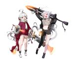  2girls :d ;d absurdres ahoge animal_ears arms_up asymmetrical_clothes bangs bare_legs bell black_footwear black_jacket black_pants bottle breasts cat_ears cat_girl cat_tail collar crop_top crop_top_overhang dagger dress dual_wielding full_body fur-trimmed_sleeves fur_collar fur_trim green_eyes grey_hair grey_shirt heterochromia highres holding holding_dagger holding_sword holding_weapon huge_weapon jacket jingle_bell knife long_hair long_sleeves looking_at_viewer medium_breasts midriff multiple_girls navel one_eye_closed open_clothes open_jacket open_mouth original pants purple_eyes red_dress red_eyes shirt shisantian shoes single_pantsleg smile spray_bottle standing stomach sword tail thick_eyebrows thigh_strap thighs very_long_hair weapon white_footwear wide_sleeves 