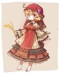  1girl aki_minoriko apron arinu bangs barefoot blonde_hair closed_mouth dress food fruit full_body grapes grey_background hat highres holding juliet_sleeves long_sleeves looking_at_viewer mob_cap puffy_sleeves red_apron red_eyes red_headwear short_hair simple_background smile solo touhou wheat yellow_dress 