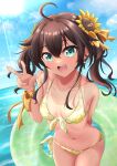  1girl absurdres ahoge bikini blue_eyes blue_sky breasts brown_hair cloud commentary_request cowboy_shot day flower foreshortening hair_flower hair_ornament hair_ribbon highres hololive horizon innertube kaigan lemon_print long_hair looking_at_viewer medium_hair natsuiro_matsuri ocean one_eye_closed open_mouth outdoors ribbon side-tie_bikini sky small_breasts smile solo sun sunflower swimsuit tan tanlines teeth twintails upper_teeth v virtual_youtuber yellow_bikini 