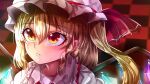  1girl blonde_hair blurry blurry_background checkered_floor close-up collared_shirt commentary_request crystal eyebrows_visible_through_hair face flandre_scarlet frilled_shirt_collar frills hair_between_eyes hat hat_ribbon highres maboroshi_mochi mob_cap multicolored_wings orange_eyes puffy_short_sleeves puffy_sleeves red_ribbon ribbon shiny shiny_hair shirt short_sleeves solo touhou white_headwear white_shirt wings 