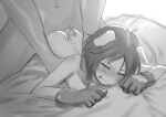  1boy 1girl animal_ears ass blush brave_witches breasts clenched_teeth closed_eyes dog_ears dog_tail doggystyle eyebrows_visible_through_hair gloves greyscale hetero highres kanno_naoe monochrome motsunukisuki nipples nude sex shiny shiny_hair short_hair small_breasts tail teeth torso_grab world_witches_series 