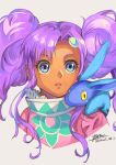  1girl blue_eyes creature creature_on_shoulder dark_skin forehead_jewel grey_background highres looking_to_the_side medium_hair meredy_(tales) multicolored_eyes on_shoulder pink_shirt purple_eyes purple_hair quickie shirt signature simple_background tales_of_(series) tales_of_eternia twintails twitter_username upper_body yellow_eyes yora 