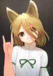  1girl animal_ear_fluff animal_ears blonde_hair blush_stickers closed_mouth commentary eyebrows_behind_hair fox_ears fox_shadow_puppet gradient gradient_background green_ribbon hair_over_one_eye hand_up highres kudamaki_tsukasa looking_at_viewer medium_hair ribbon romper simple_background smile solo suna_(s73d) touhou upper_body white_romper yellow_eyes 
