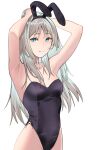  1girl alternate_costume an-94_(girls&#039;_frontline) animal_ears aqua_eyes armpits bangs bare_shoulders black_leotard blonde_hair breasts cleavage closed_mouth collarbone drawing eyebrows_visible_through_hair fake_animal_ears feet_out_of_frame girls&#039;_frontline hairband hand_in_own_hair highres leotard long_hair looking_at_viewer playboy_bunny ponytail rabbit_ears small_breasts solo standing talnory white_background 