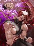  1girl abs bangs biceps body_markings breast_tattoo breasts close-up excited facepaint facial_mark fuuma_kotarou_(tenkaichi) halter_top halterneck long_hair muscular muscular_female open_mouth pants punching red_eyes red_hair revealing_clothes rope_belt signature smile sunsirou tattoo tenkaichi_nihon_saikyou_bugeisha_ketteisen tongue underboob veins 