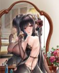  1girl azur_lane bangs black_hair breasts chen_hai_(azur_lane) cosmetics elbow_gloves eyebrows_visible_through_hair flower from_behind gloves hair_flower hair_ornament highres holding holding_lipstick_tube huge_breasts lipstick_tube long_hair looking_at_viewer looking_back mirror nipples parted_lips red_eyes red_flower red_lips red_rose rose shiny shiny_hair shoulder_blades solo upper_body very_long_hair white_flower yuli_you_gua 