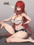  1girl abs arm_behind_back bare_legs barefoot black_shorts blush braid breasts chest_sarashi cleavage clenched_teeth dolphin_shorts elesis_(elsword) elsword embarrassed eyebrows_visible_through_hair foot_out_of_frame french_braid gradient gradient_background grey_background hair_between_eyes hair_intakes hand_on_own_knee highres korean_commentary large_breasts long_hair looking_at_viewer navel no_shirt red_eyes red_hair sabi_ghke4333 sarashi short_shorts shorts simple_background sitting solo stomach surprised sweatdrop teeth toned undersized_clothes v-shaped_eyebrows very_long_hair 