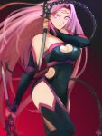  1girl cleavage_cutout clothing_cutout facial_mark fate/grand_order fate_(series) forehead forehead_mark highres long_hair medusa_(fate) medusa_(rider)_(fate) medusa_(rider)_(third_ascension)_(fate) moedredd nameless_dagger_(fate) pink_hair purple_eyes red_background solo square_pupils very_long_hair 