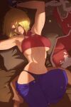  1girl belt blonde_hair blue_mary bracelet breasts fatal_fury highres jewelry kuroneko_pantsu lying midriff muscular muscular_female one_eye_closed panties short_hair underboob underwear 