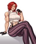  1girl abs absurdres blush breasts gloves highres large_breasts mootium muscular muscular_female necktie red_eyes red_hair short_hair striped striped_legwear the_king_of_fighters thick_thighs thighs toned vanessa_(kof) white_background 