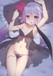  1girl armpits arms_up babydoll bangs bare_shoulders bat_wings bed_sheet beni_kurage black_panties blush breasts collarbone commentary_request dutch_angle expressionless eyebrows_visible_through_hair fang groin hair_between_eyes hair_ribbon heart heart-shaped_pupils highres light_purple_hair looking_at_viewer lowleg lowleg_panties lying navel no_hat no_headwear on_back open_mouth panties pillow red_eyes red_ribbon remilia_scarlet ribbon shiny shiny_hair short_hair side-tie_panties small_breasts solo stomach_day strap_slip symbol-shaped_pupils thigh_gap touhou underwear untied untied_panties wavy_hair wings 