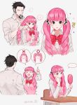  !? &gt;_&lt; ... 1boy 1girl adjusting_another&#039;s_hair alternate_costume angry black_eyes black_hair blush bow bowtie breasts desk drill_hair grey_background hand_mirror joman large_breasts long_hair mirror mouth_hold multiple_views musical_note one_piece perona pink_hair pink_vest pointing pointing_up red_bow school_desk shirt speech_bubble spoken_ellipsis spoken_musical_note twin_drills twintails twitter_username vest white_shirt 