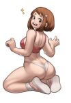  1girl absurdres ass back bangs bare_shoulders blush_stickers bob_cut boku_no_hero_academia breasts brown_eyes brown_hair dimples_of_venus food-themed_hair_ornament from_behind full_body hair_ornament hairclip hands_up highres lentiyay looking_at_viewer looking_back medium_breasts medium_hair nike open_mouth panties pink_sports_bra seiza shoes short_bangs short_eyebrows sideboob simple_background sitting smile sneakers socks solo sparkle sports_bra strawberry_hair_ornament symbol-only_commentary thick_eyebrows thong turning_head underwear uraraka_ochako w_arms white_background white_legwear white_panties 