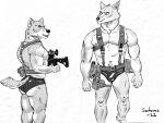  4:3 absurd_res anthro canid canine canis clothing coyote duo gun hi_res male mammal military muscular ranged_weapon sefews underwear weapon wolf 