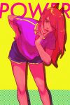  +_+ +_- 1girl arms_behind_back chainsaw_man demon_horns drgryu750 hand_on_own_face highres horns leaning_forward long_hair looking_at_viewer power_(chainsaw_man) purple_shirt red_horns shirt shorts simple_background solo stylistic thighs tongue tongue_out yellow_background 