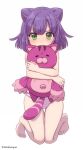  1girl :&lt; akanegakubo_momo bangs bare_arms bare_legs barefoot blush doll_hug double_bun green_eyes highres holding holding_stuffed_toy kneeling medium_hair object_hug panties purple_hair shokugeki_no_souma solo striped striped_panties stuffed_animal stuffed_cat stuffed_toy tabana twitter_username underwear v-shaped_eyebrows 