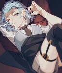  1girl androgynous blue_eyes blue_hair blush collared_shirt ear_piercing garter_straps hair_ornament hairclip honkai_(series) honkai_impact_3rd lieserl_albert_einstein looking_at_viewer lying on_back one_eye_closed oniku_(hijiki_002) piercing shirt short_hair skirt solo sweater_vest thighhighs white_shirt 