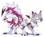  ambiguous_gender anthro blue_eyes canid canine claws duo feral fur looking_at_viewer lycanroc mammal midday_lycanroc midnight_lycanroc nintendo pok&eacute;mon pok&eacute;mon_(species) red_body red_fur smile video_games white_body white_fur 冰夏_(artist) 