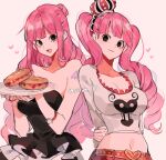 2girls :d arms_behind_back black_dress black_eyes breasts cleavage crown dress dual_persona eyelashes food frilled_dress frills holding holding_plate joman large_breasts long_hair looking_at_viewer midriff mini_crown multiple_girls navel one_piece perona pink_hair plate shirt smile very_long_hair white_shirt 