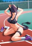  1girl armpits arms_up bangs breasts cleavage commentary english_commentary ett full_body highres horns large_breasts long_hair looking_at_viewer navel one_eye_closed open_mouth original outdoors ponytail purple_eyes purple_footwear purple_hair shoe_removed shoes sitting socks solo sports_bra sweat tail thigh_strap thighs tying_hair wariza white_legwear 